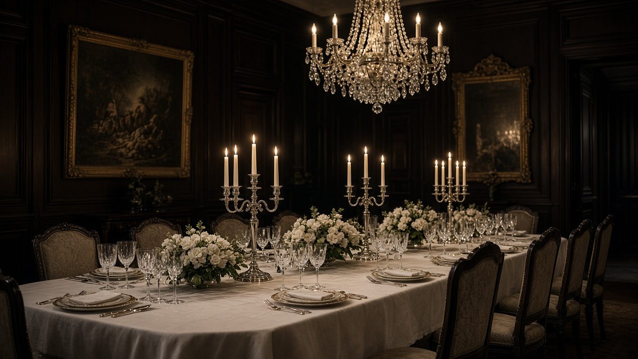 AI-generated image: a dark, wood-paneled dining room with a crystal chandelier, silver candelabras and a long table set on ivory linen with white flowers