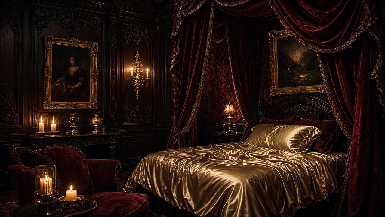 AI-generated image: a candlelit bedroom with crimson velvet drapes and gold satin bedding