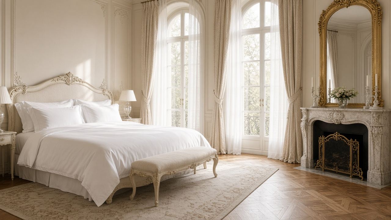 AI-generated image: a sunlit French chateau bedroom with a white hotel-style bed and tall draped windows
