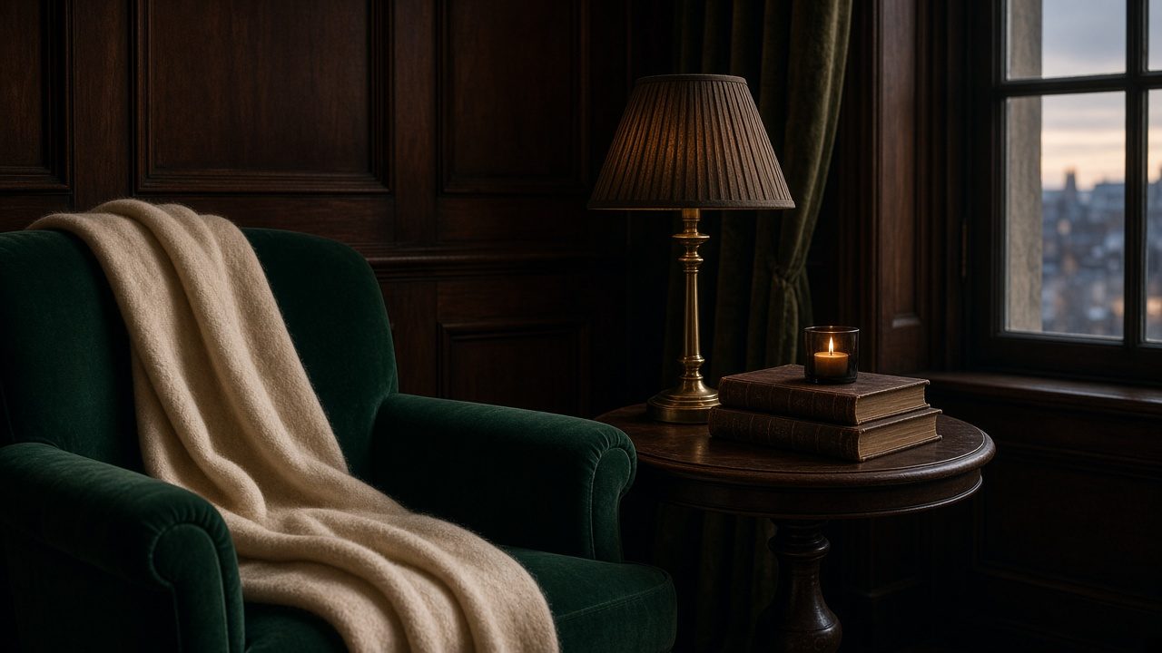 AI-generated image: a quiet reading corner with an emerald velvet armchair, a soft throw, a brass reading lamp and stacked books