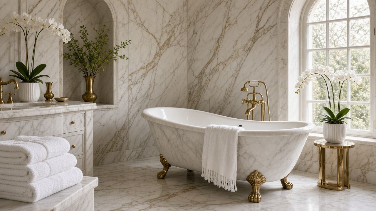 AI-generated image: a white marble spa bathroom with a gold clawfoot tub and stacked plush towels
