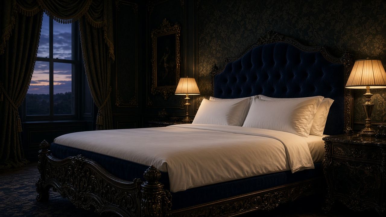 AI-generated image: a moody navy bedroom at dusk with a carved dark-wood bed in crisp white bedding