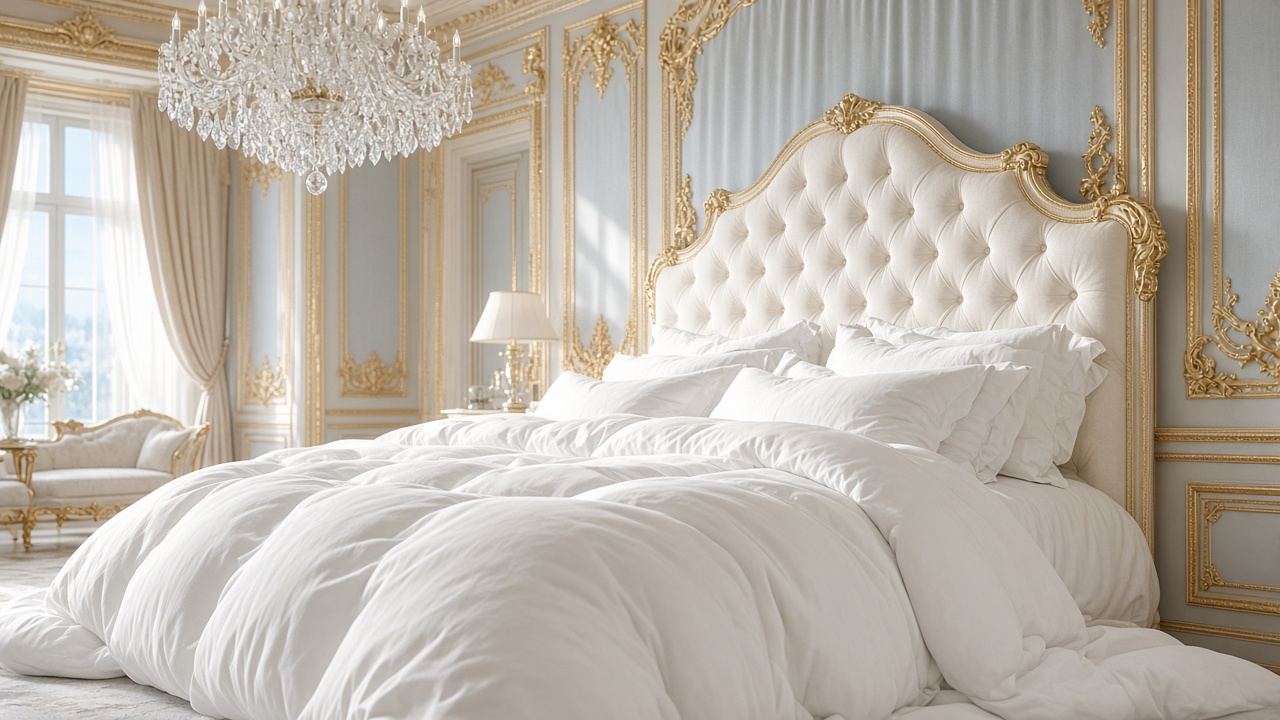 AI-generated image: a palatial white bedroom with a gold-trimmed tufted headboard and a lofty white duvet