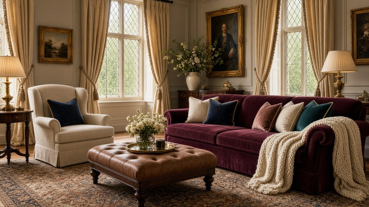 AI-generated image: a light, paneled old-money living room with a plum velvet sofa, jewel-toned pillows, a chunky cream knit throw and a tufted leather ottoman