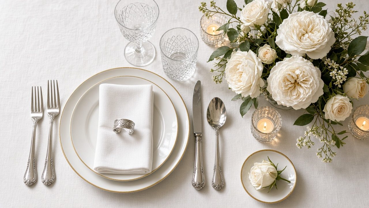 AI-generated image: an overhead view of an elegant place setting with fine china, polished silverware, crystal glassware and white roses